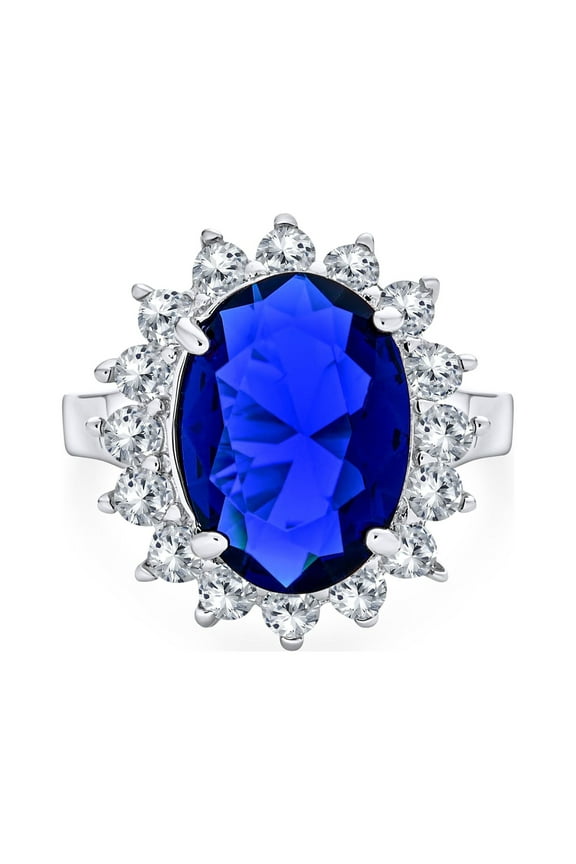 Womens Vintage Style Oval CZ Sapphire Engagement Ring in Sterling Silver 5-7 Karat Halo