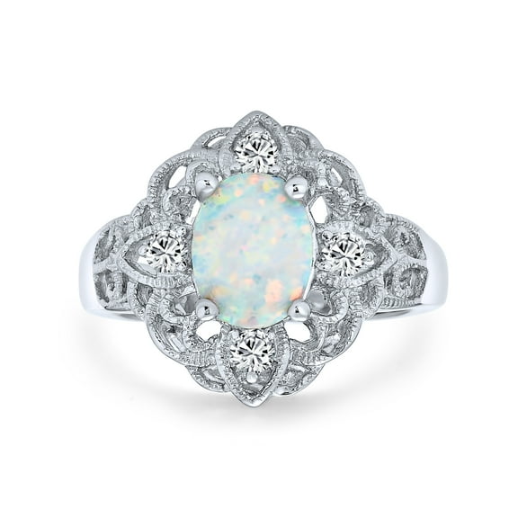 Bling Jewelry Womens Vintage Style Oval Flower White Created Opal Full Finger Ring .925 Sterling Silver