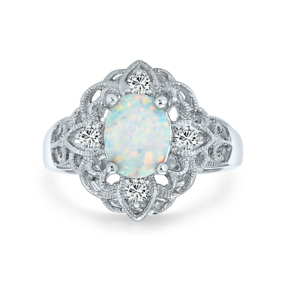 Bling Jewelry Womens Vintage Style Oval Flower White Created Opal Full Finger Ring .925 Sterling Silver