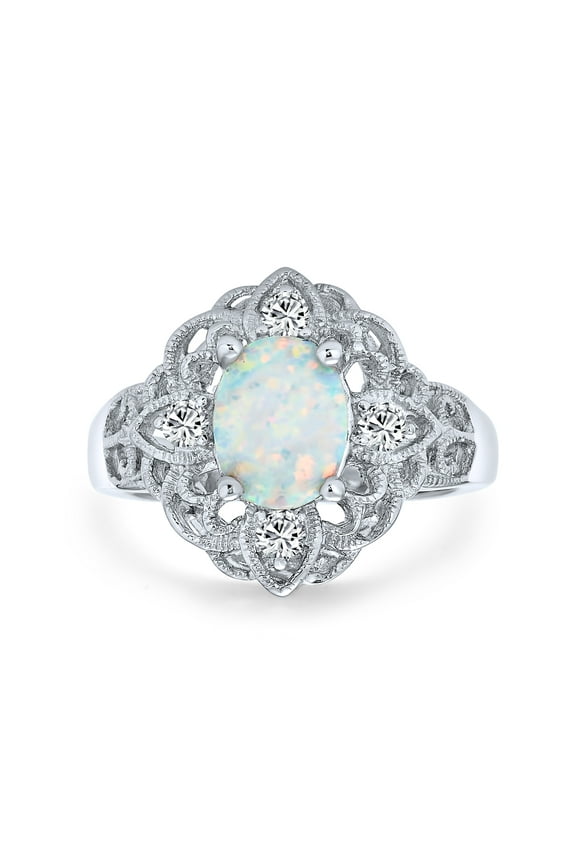Womens Vintage Style Oval Flower White Created Opal Full Finger Ring .925 Sterling Silver
