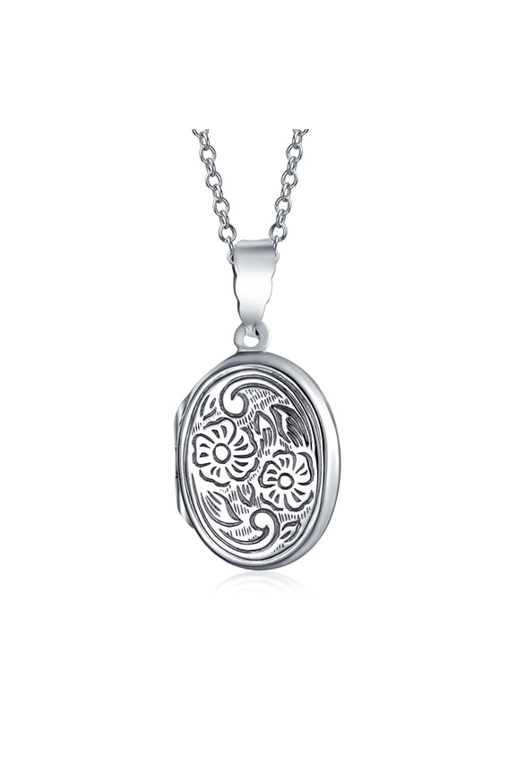 Womens Embossed Scroll Floral Flower Sunflower Keepsake Photo Oval Lockets Necklace Pendant oxidized Sterling Silver Med