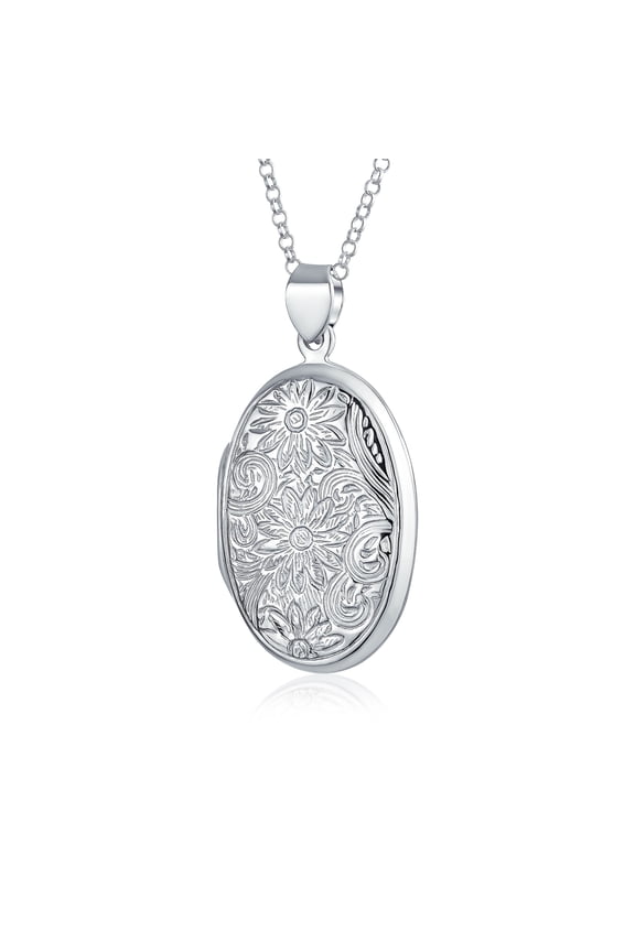 Womens Vintage Sunflower Photo Oval Sterling Silver Locket Necklace
