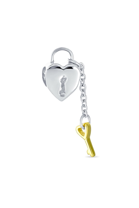 Womens Vintage Two Tone Heart Lock & Key Charm Bead 14K Gold Plated Sterling Silver