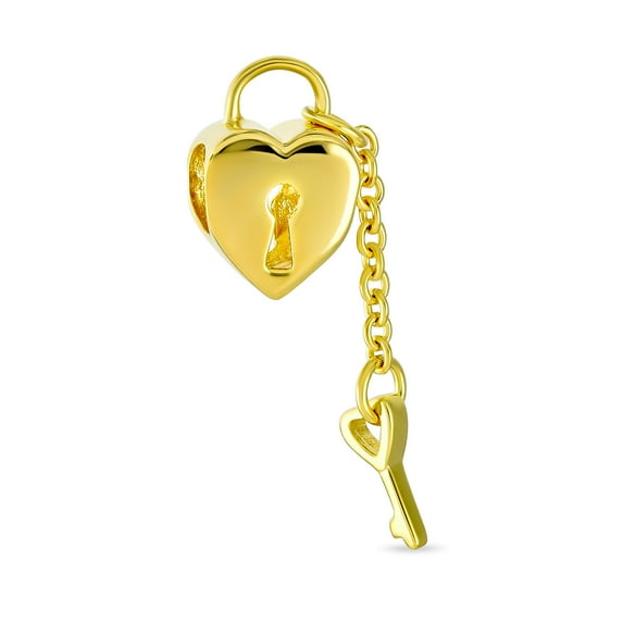 Bling Jewelry Womens Vintage Two Tone Heart Lock & Key Charm Bead 14K Gold Plated Sterling Silver