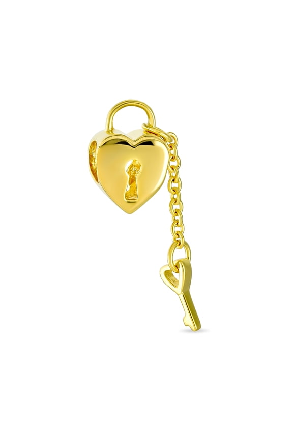 Womens Heart Shape Lock & Key Charm Bead Gold Plated .925 Sterling Silver for Bracelet