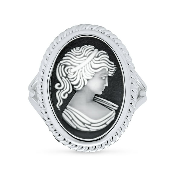 Bling Jewelry Womens Vintage Women Lady Portrait Oval Black Cameo Ring .925Sterling Silver