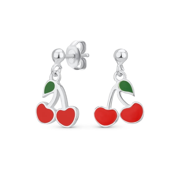 Bling Jewelry Womens Fun Small Summer Food Fruit Red Enamel Cherry Drop Earrings Sterling Silver