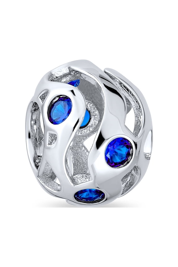 Womens Wave Cubic Zirconia Charm Bead Simulated Sapphire or Amethyst Sterling Silver