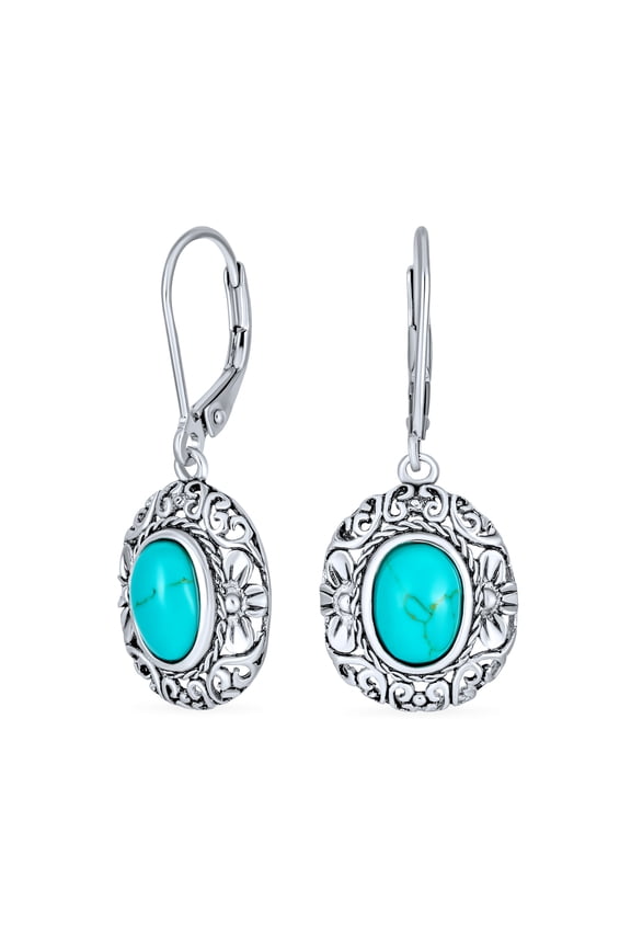 Womens Bali Style Natural Oval Turquoise Floral Scroll Filigree Drop Earrings .925 Sterling Silver