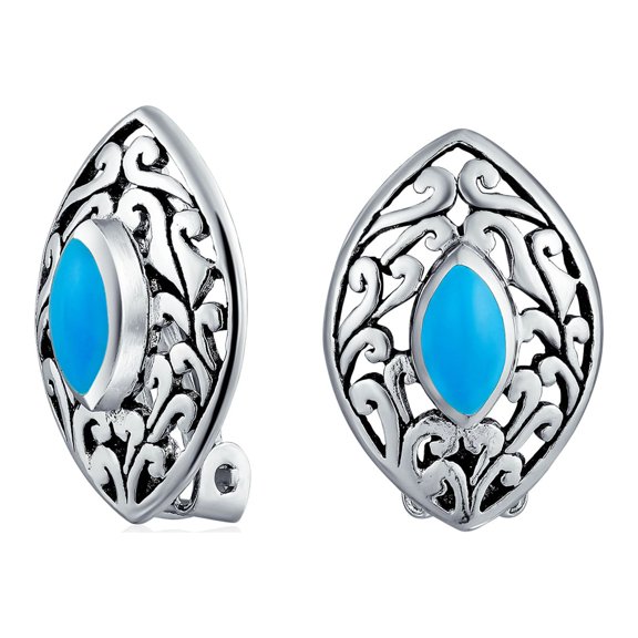 Bling Jewelry Womens Marquise Shape Filigree Blue Turquoise Clip-On Earrings 925 Sterling Silver