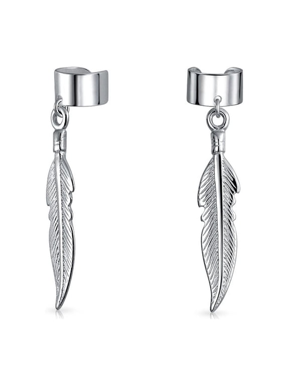 Womens Western Feather Leaf Dangling Cartilage Cuff Earrings .925 Sterling Silver