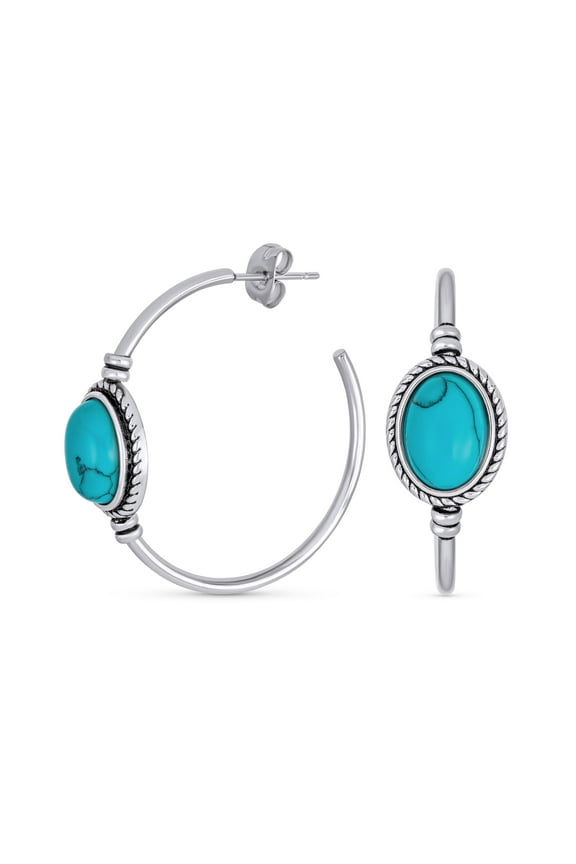 Womens Western Oval Blue Turquoise CZ Hoop Earrings Silver 1.25Inch