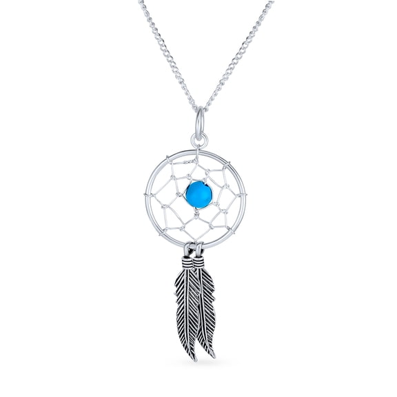Bling Jewelry Womens Turquoise Feathers Dream Catcher Pendant Necklace .925 Sterling Silver