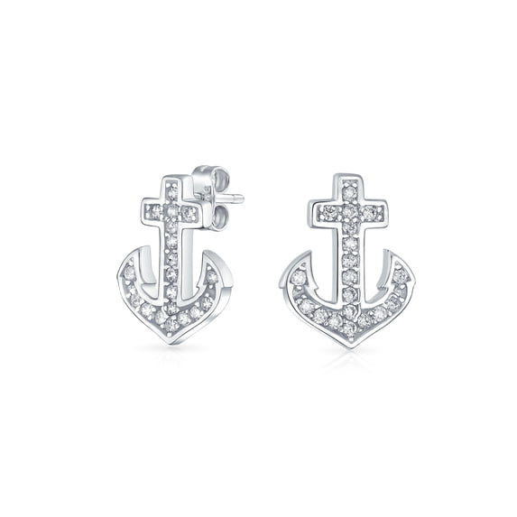 Bling Jewelry Womens Nautical CZ Stud Earrings with Boat Anchor Pave Cubic Zirconia Sterling Silver