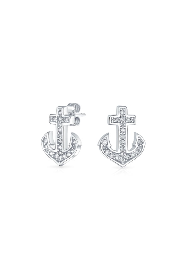 Womens Nautical CZ Stud Earrings with Boat Anchor Pave Cubic Zirconia Sterling Silver
