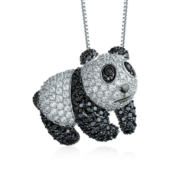 Bling Jewelry Womens Whimsical Panda Bear Pendant Necklace with Black & White Cubic Zirconia Silver Plated