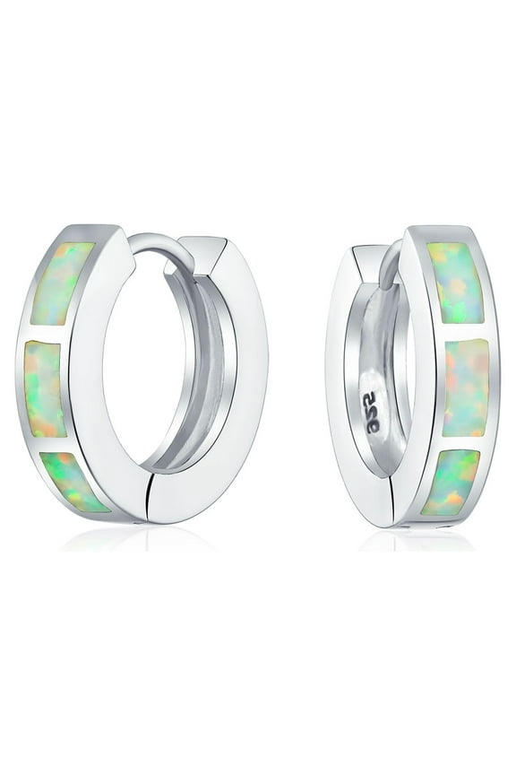 Womens Created Opal Gemstone Inlay Iridescent Huggie Hoop Earrings Sterling Silver