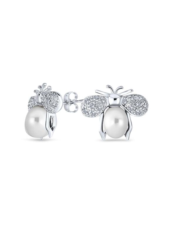 Womens White CZ Freshwater Pearls Bumble Bee Stud Silver Plated Accent