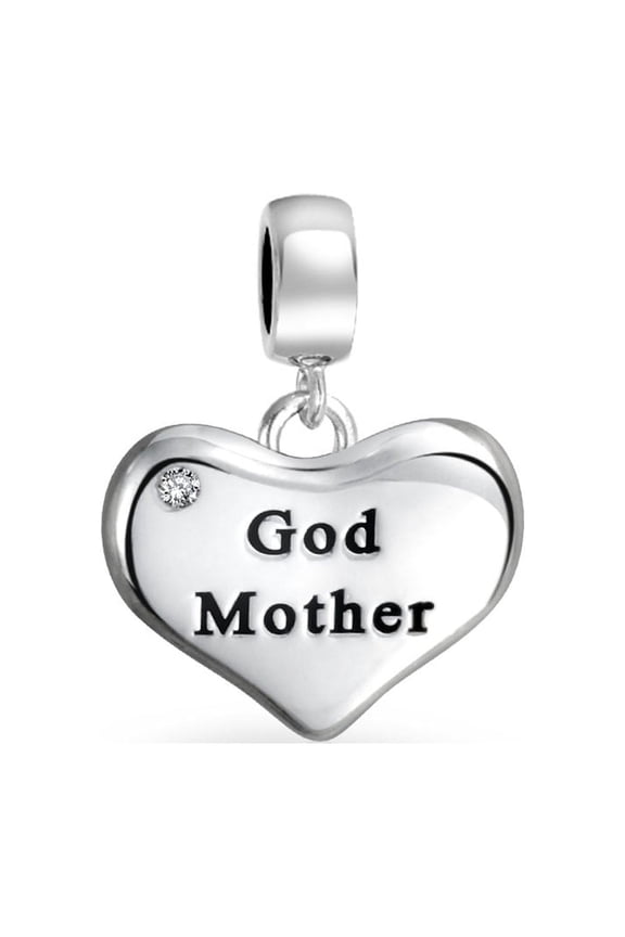 Womens White Crystal BFF Heart Godmother Dangle Charm Bead Sterling Silver for Bracelet