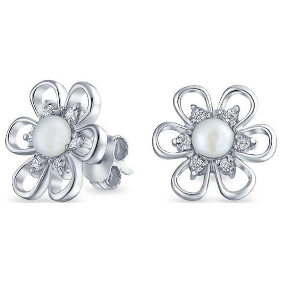 Bling Jewelry Womens White Freshwater Pearl Daisy Flower CZ Stud Earrings in Sterling Silver