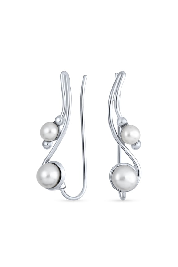Womens White Freshwater Pearl Ear Cuff Cartilage Climbers Earrings .925 Sterling Silver