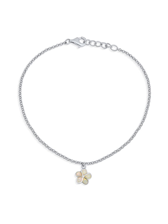 Womens Plumeria Flower Created White Opal Anklet Ankle Bracelet Sterling Silver