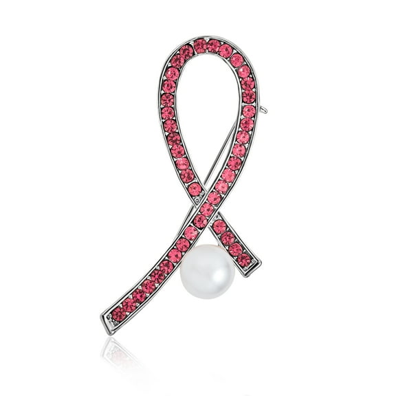 Bling Jewelry Womens White Pearl Pink Crystal Pave Pink Ribbon Breast Cancer Brooch Pin Silver Plated