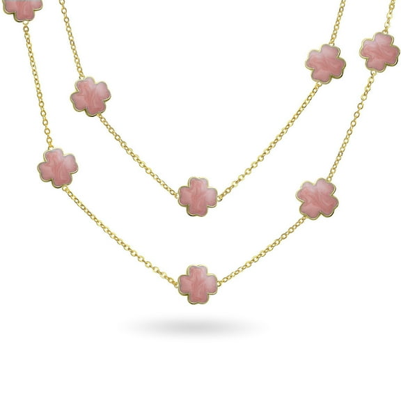 Bling Jewelry Womens Fashion Long Double Wrap Strand Pink Enamel Flower Clover Necklace Gold Plated 40 Inch