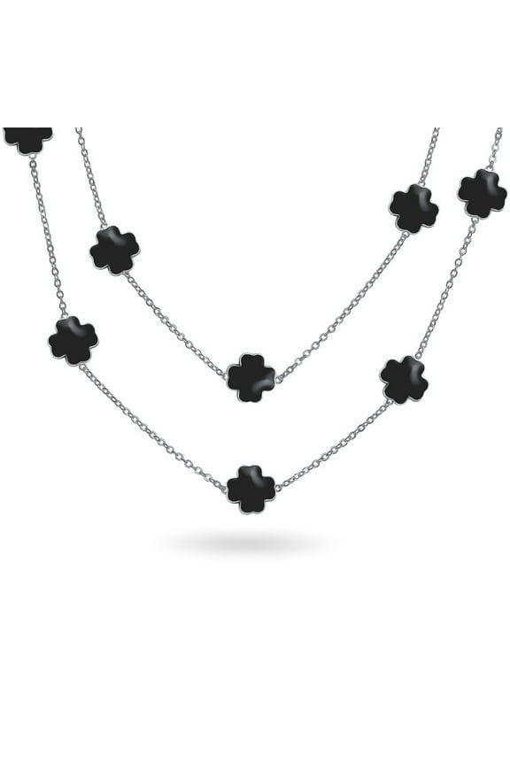 Womens Fashion Long Double Wrap Strand Black Enamel Flower Clover Necklace Silver Plated 40 Inch