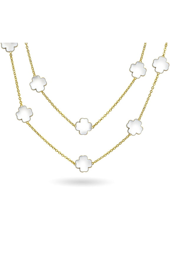 Womens Fashion Long Double Wrap Strand Off White Enamel Flower Clover Necklace Gold Plated 40 Inch
