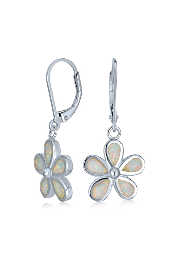 Womens White Plumeria Flower Synthetic Opal Dangling Earrings Sterling Silver Lever Back