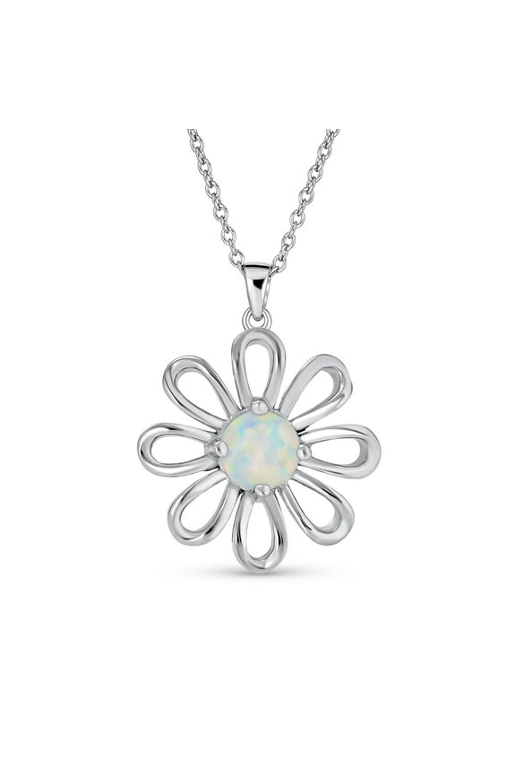 Womens White Rainbow Opal Daisy Flower Pendant Necklace Silver