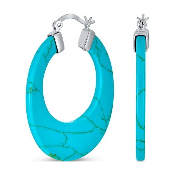 Bling Jewelry Womens Wide Flat Black Blue Turquoise Gemstone Hoop Huggie Earrings Sterling Silver