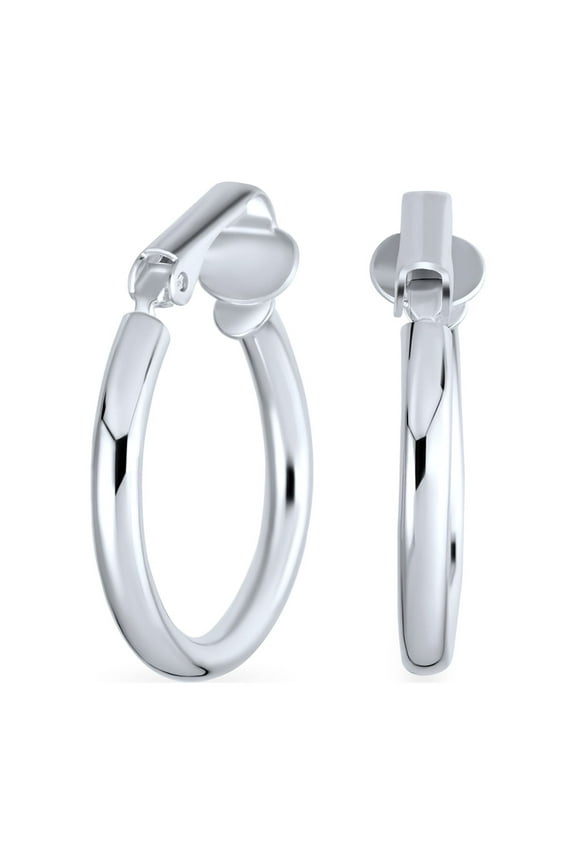 Womens Wide Hammered Tube Hoop Clip-On Earrings Sterling Silver
