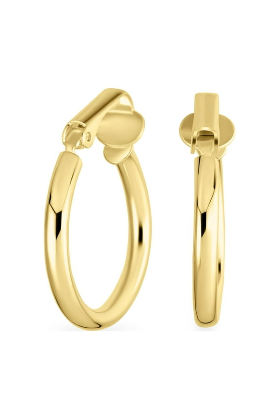 Womens Wide Hammered Tube Hoop Clip-On Earrings Gold Plated Silver