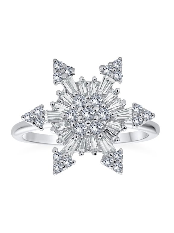 Womens Holiday Cocktail CZ Snowflake Spinner Fidget Ring .925 Sterling Silver