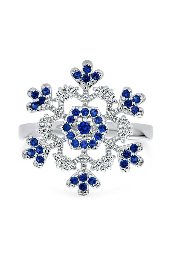 Womens Winter Holiday Silver Ring with Blue & Clear Cubic Zirconia Snowflake Design