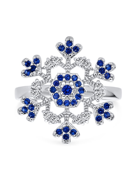 Womens Holiday Blue & Clear CZ Snowflake Cocktail Statement Ring Sterling Silver