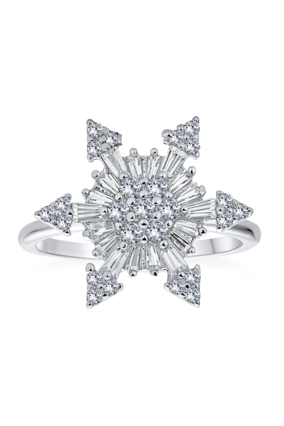 Womens Winter Holiday Statement Flower CZ Snowflake Fidget Spinner Ring Sterling Silver