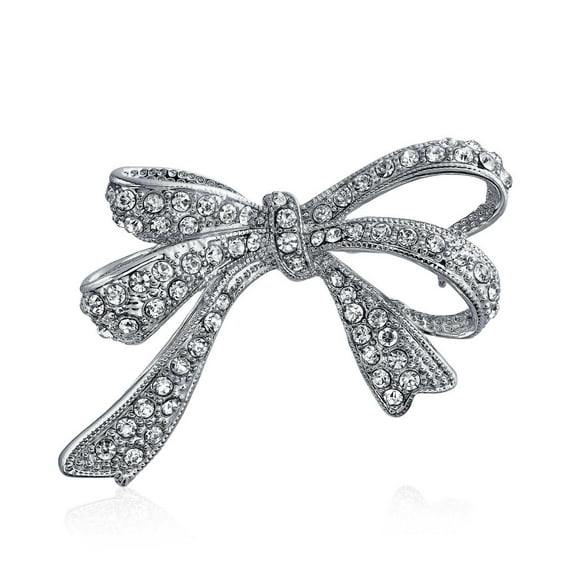 Bling Jewelry Womens Winter Wedding Crystal Bridal Statement Ribbon Bow Brooch Pin Silver Plated