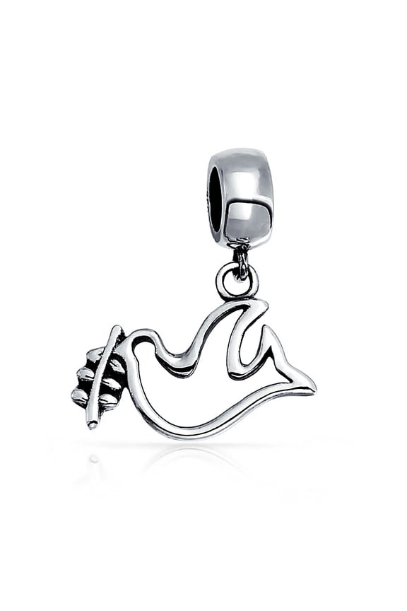 Womens .925 Sterling Silver World Peace Olive Branch Open Dove Love Bird Dangle Charm Bead for Bracelet