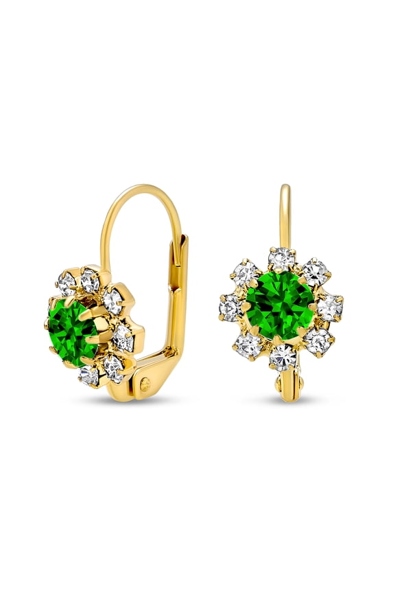 Womens Floral Crystal Drop Green Flower Earrings Gold Plated Lever Back