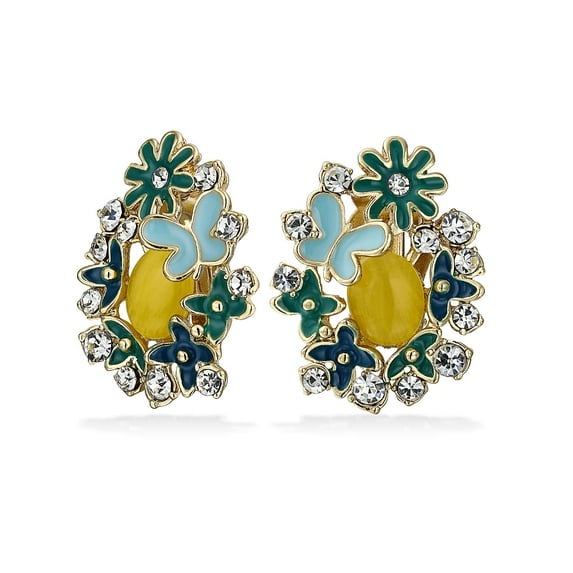 Bling Jewelry Womens Yellow Aqua Black Butterflies Flower Clip On Earrings Gold Plated
