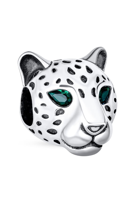 Womens Jaguar Panther Charm Bead with Green CZ Eyes in Oxidized Sterling Silver for Bracelets