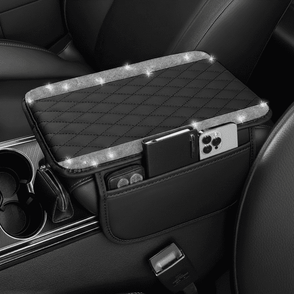 Bling Leather Car Center Console Box Cover, Universal Armrest Protector Cushion with 2 Storage Bags, Interior Accessories for Most Vehicles, Silver