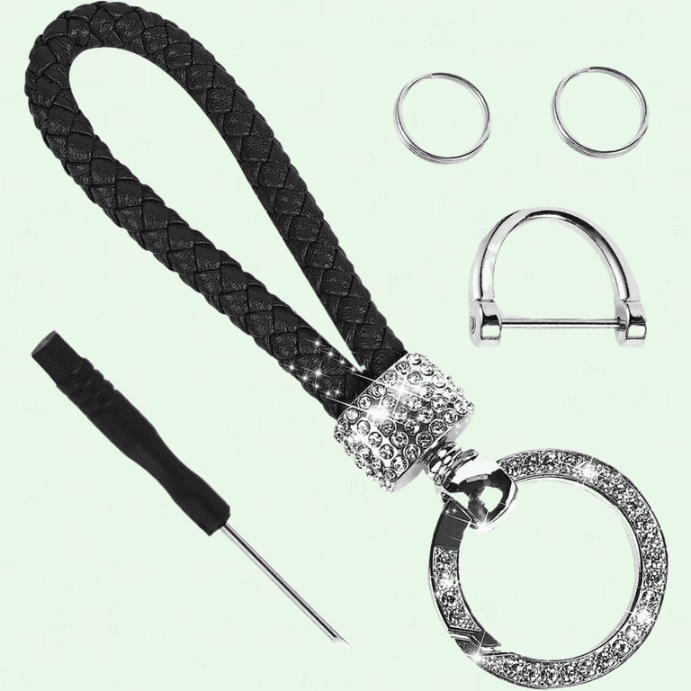 Bling Leather Car Keychain with Diamond-Studded Metal Keyrings