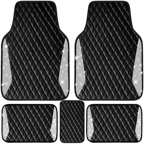 Bling Leather Car Mats Shining Diamond Floor Mats Crystal Rhinestone Sparkly Glitter Carpet Anti-Slip Waterproof Pad Universal Fit Automotive SUV, Sedan, Van, 5pcs Girl Women, Black Silver