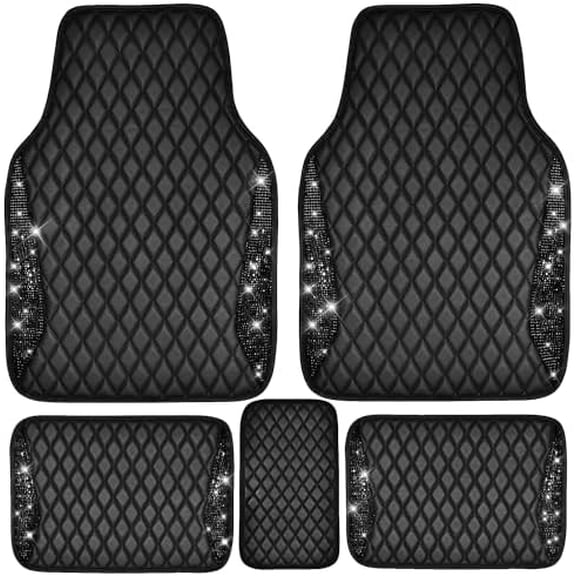 Bling Leather Car Mats Shining Diamond Floor Mats Sparkly Glitter Crystal Rhinestones Carpet Anti-Slip Waterproof Pad Universal Fit for Automotive SUV, Sedan, Van, 5pcs for Girl Women Black