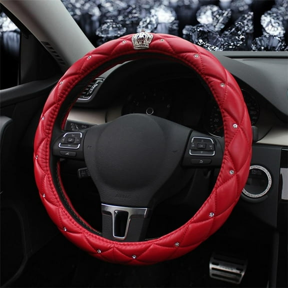 Bling Leather Steering Wheel Cover Women Crystal Rhinestones Diamond Steering Covers 15 Inch Non Slip Car Protector Accessory Universal Fit Most Car