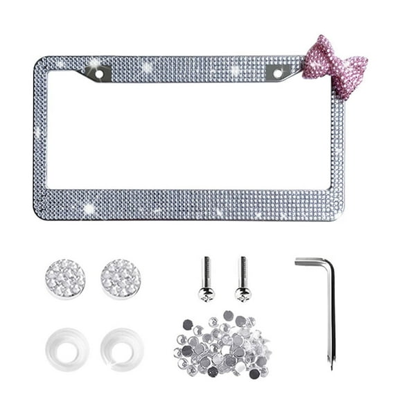 Bling License Plate Frame,NOGIS Handcrafted Bling Rhinestone Premium Stainless Steel License Plate Frame,Clear Color Rhinestone Crystal (White&Pink-Bow)